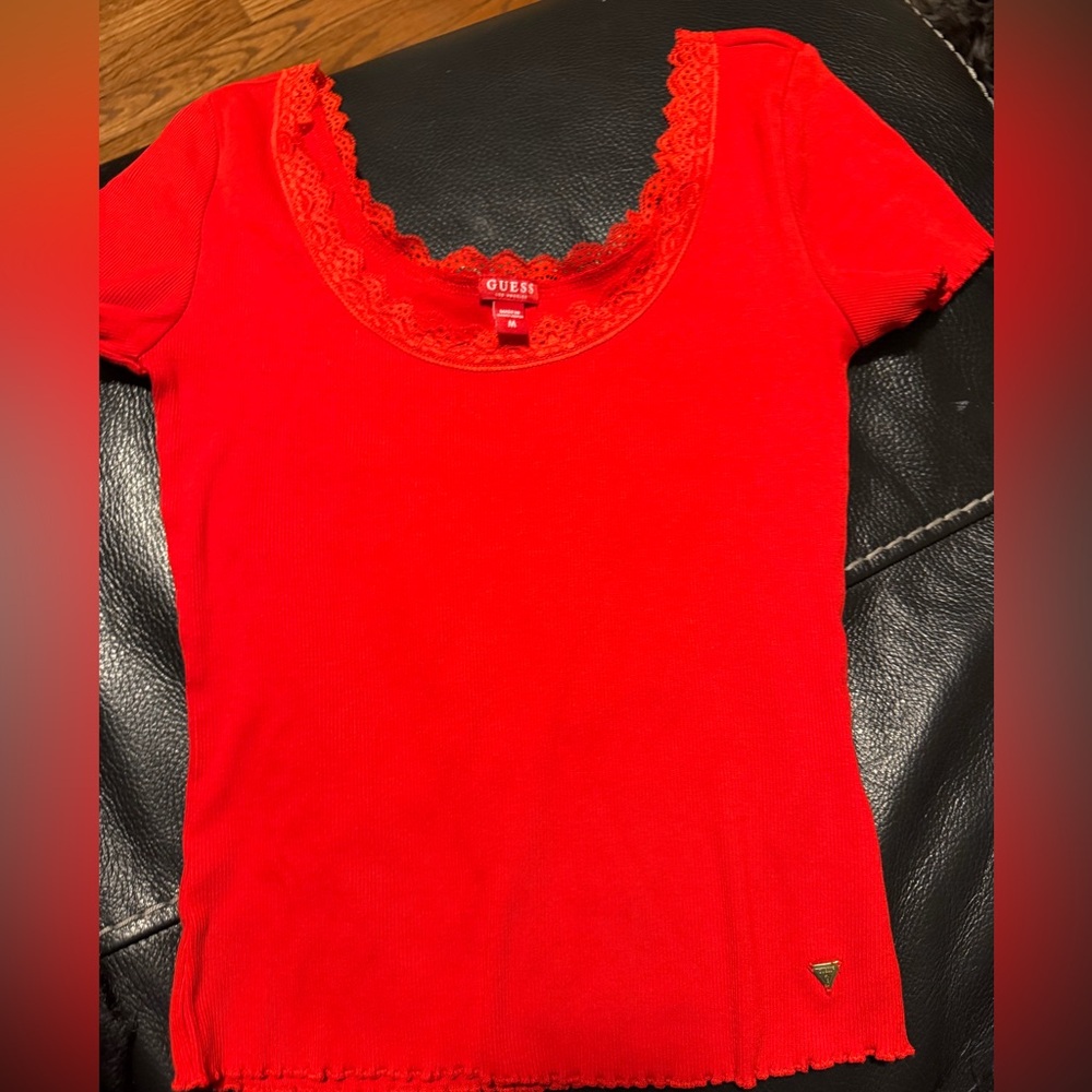 Guess Ribbed Red Top w/ Laced Edges, NWOT